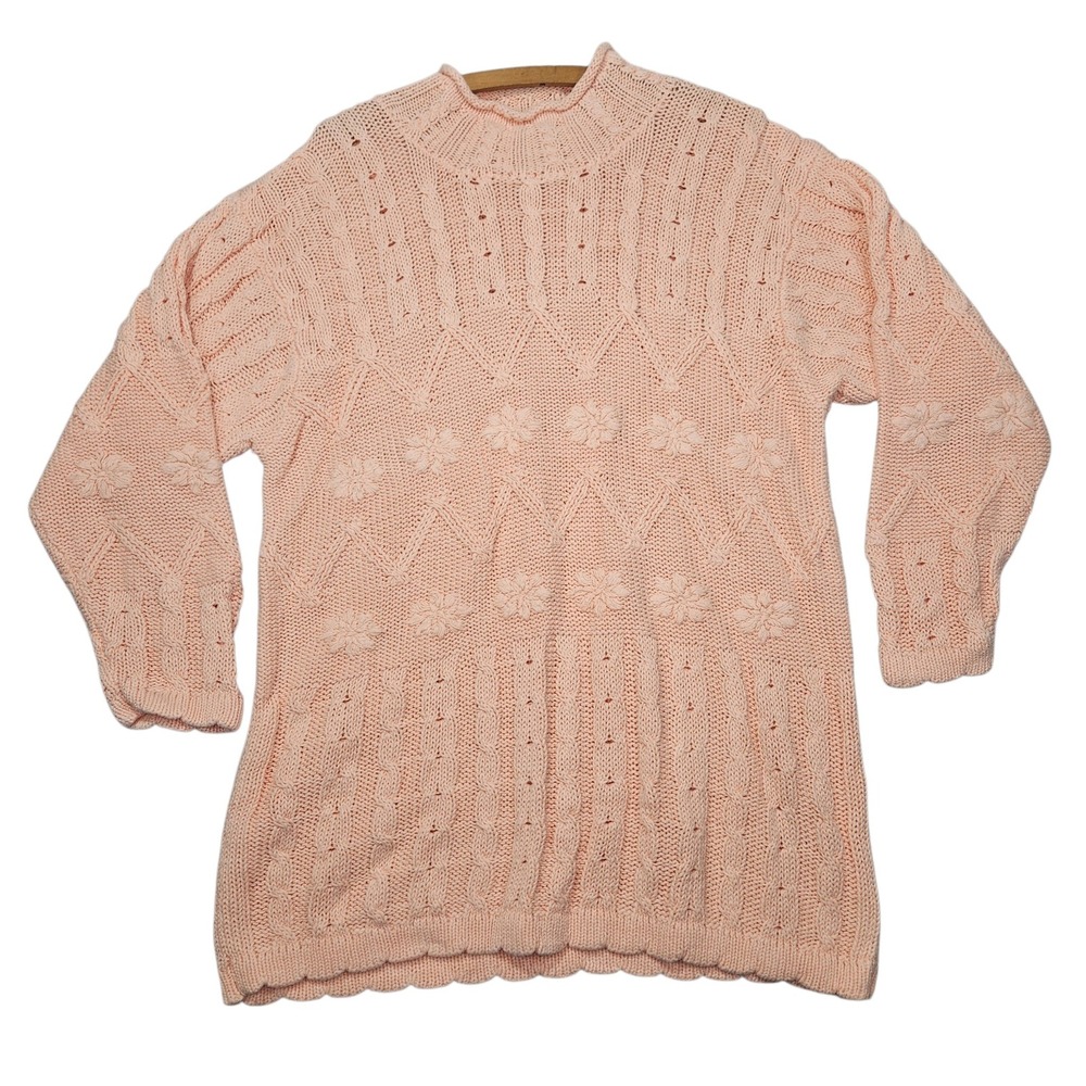 Cymbrion VTG 90s Floral Cable Knit Sweater Peach Pink Sz L